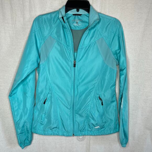 Brooks Blue Windbreaker‎ Jacket Full Zip Pockets Women Small Drawstring Waist - Picture 1 of 9